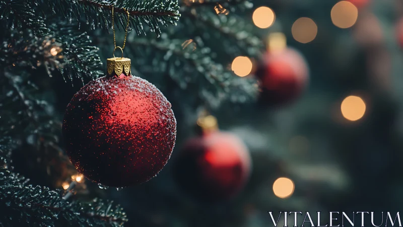 Glowing red ornament bringing cozy cheer to the tree.