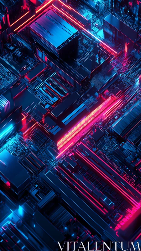 Neon-lit isometric motherboard architecture renders digital circuitry