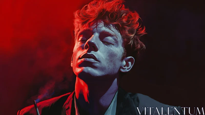 Portrait under red neon glow captures intense solitude.