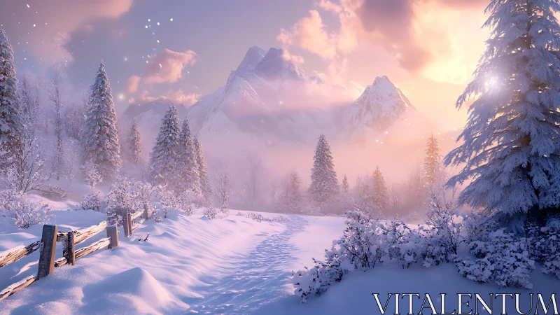 Gentle winter sunrise over snowy path and quiet mountains.