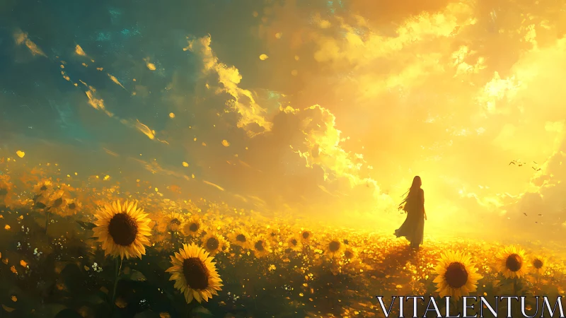 Sunlit girl crossing glowing sunflower field at dawn.