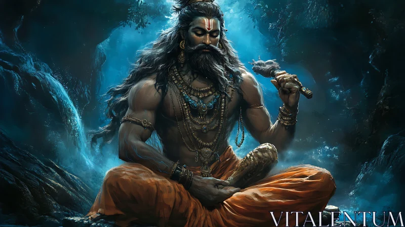 Meditative ascetic figure seated in a luminous cave setting.