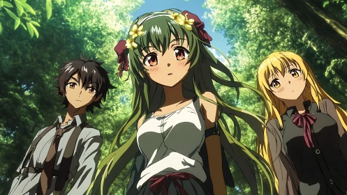Anime trio stands beneath sunlit forest canopy in wonder.