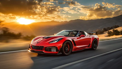 Red sports car moves on mountain highway at sunset