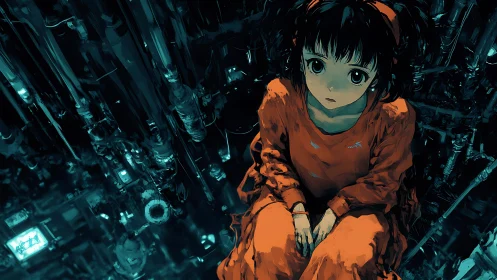 Quiet girl in orange resting amid a dreamy cyber city.