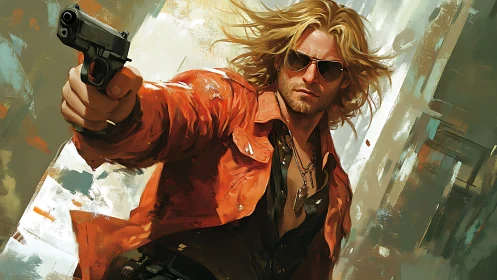 Dynamic gunman in orange jacket rendered with painterly motion blur