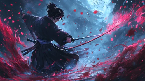 Samurai swordsman amid crimson energy arc in stormy ravine