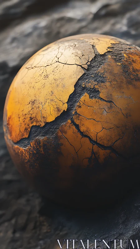 Cracked ochre sphere with high-frequency surface erosion and burn patina