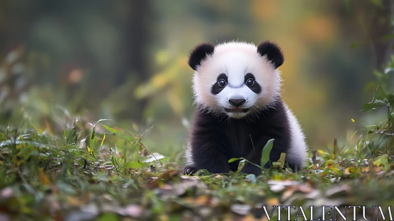 Juvenile giant panda in shallow-depth forest habitat study.