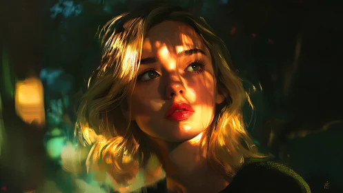 Golden light cuts through forest shadows across portrait.