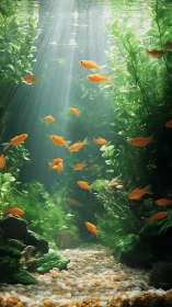 Sunlit goldfish swim through lush planted aquarium.