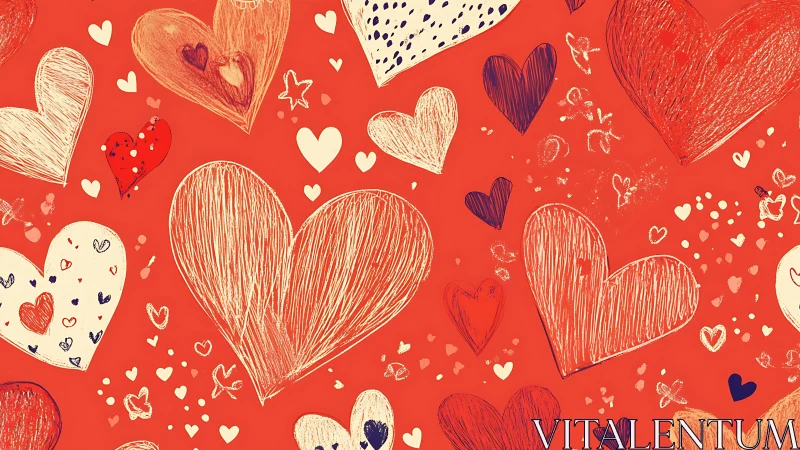 Hand-Drawn Heart Composition with Textured Brush Strokes on Vibrant Red Background