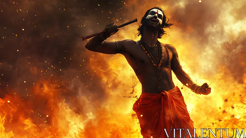 Fire-drenched ritual warrior roaring amid molten twilight storm.