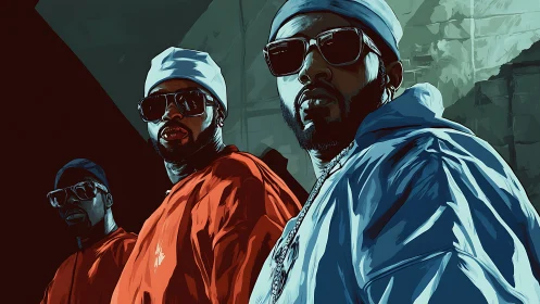 Hip hop trio in bold streetwear digital illustration.