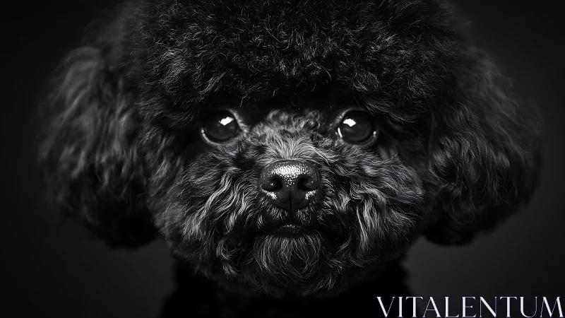 Studio portrait of curly black toy poodle in low key lighting.