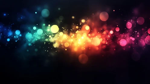 Vibrant abstract bokeh lights in rainbow spectrum on dark background.