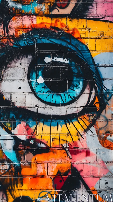 Urban mural of blue human eye on multicolored brick wall.