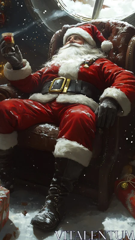 Santa savors a quiet snowy moment in a cozy armchair