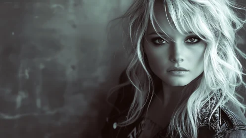 Monochrome portrait of blonde woman in edgy leather jacket.