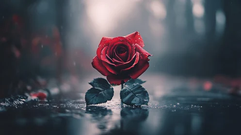 Red Rose in Rain. Crimson Bloom Against Blurred Urban Backdrop.