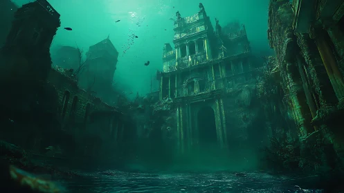 Submerged multi‑story stone ruins stand in murky green water
