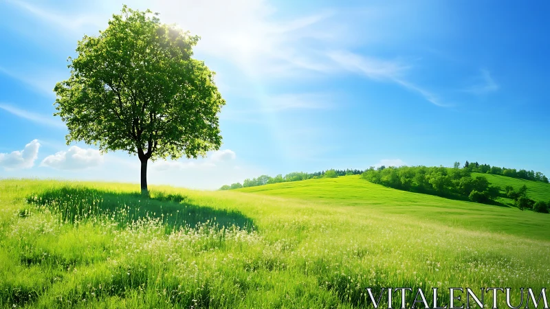 Sunny hillside tree offering calm shade and gentle peace.