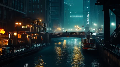 Foggy neon-lit canal in dense modern city at night.