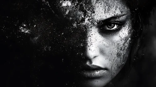 Granular monochrome portrait with fragmented particle erosion.