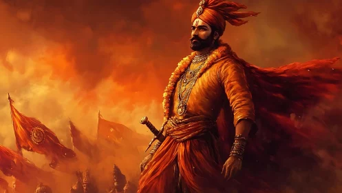 Warrior leader in saffron attire amid stormlit battle flags