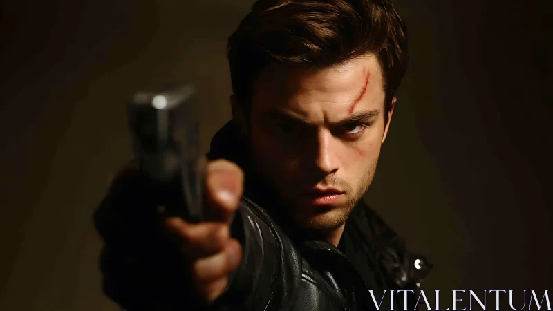 Intense gunman portrait under low key cinematic lighting.