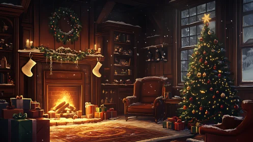 Interior view of decorated winter living room with tree.