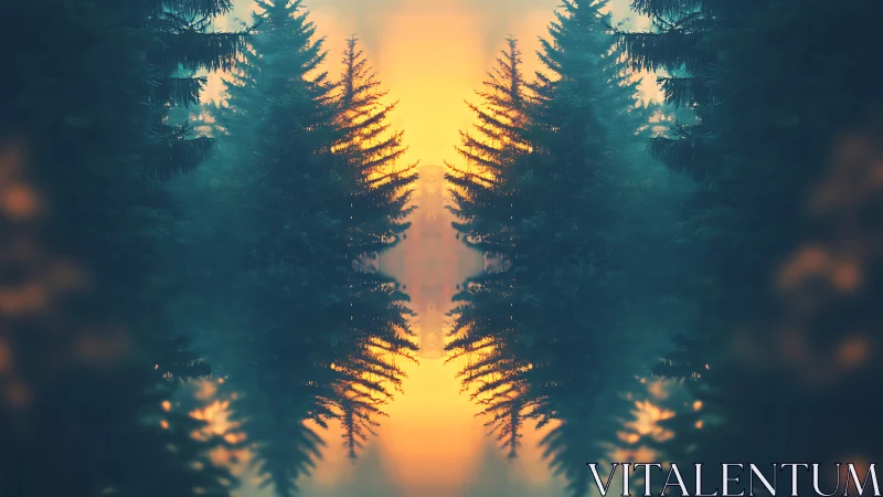 Mirrored evergreens cradle a molten sunrise corridor of mist