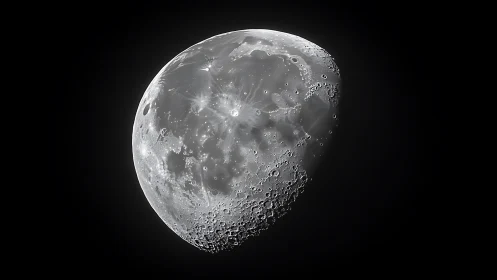 Lunar surface close-up reveals craters and ray patterns.