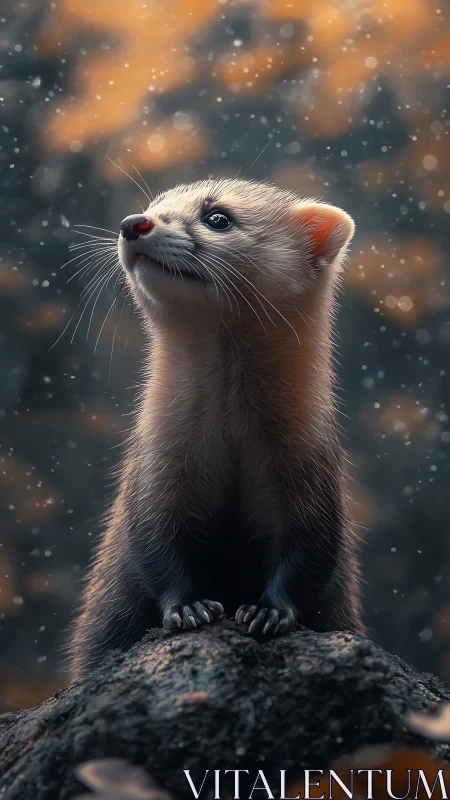Young ferret standing alert on rock in soft bokeh light.