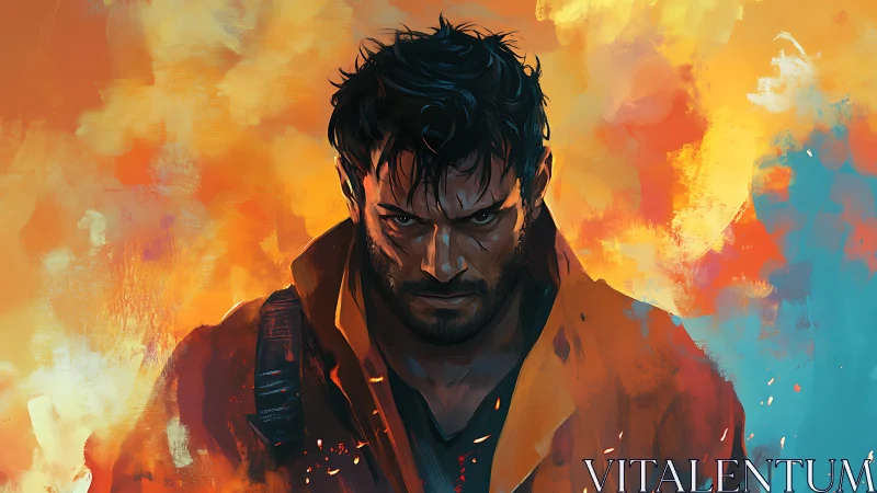 Digital painting portrait with fiery atmospheric color field.