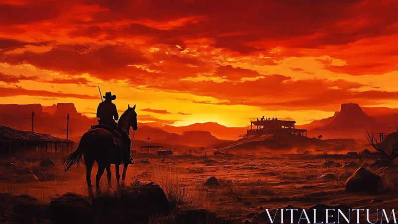 Silhouetted cowboy on horseback surveys a blazing desert sunset