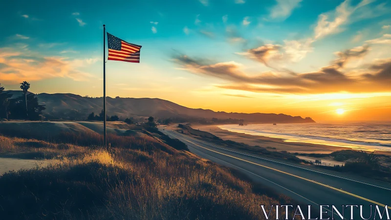 Sunlit coastal highway with American flag under vivid gradient sky
