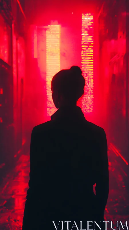 Silhouetted figure in red illuminated urban alleyway scene.