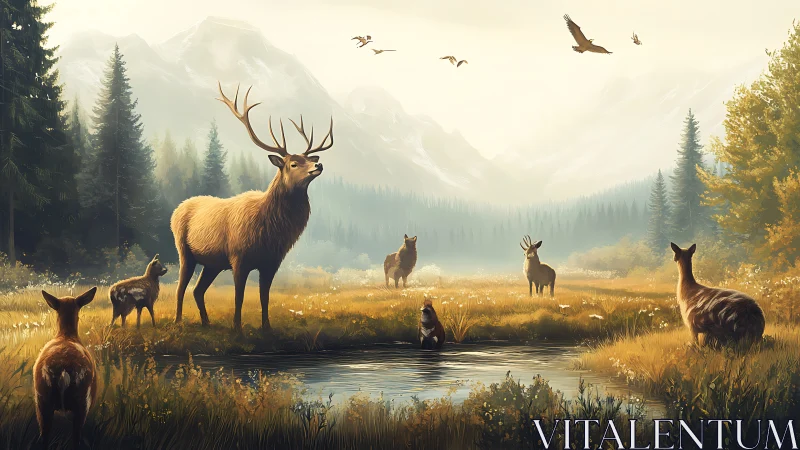 Velvet antlers and mountain hush over a golden valley chorus.