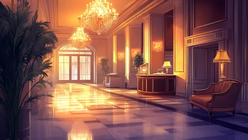 Grand hotel lobby glows under opulent crystal chandeliers