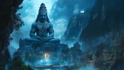 Majestic blue mountain deity watches over a misty sacred city
