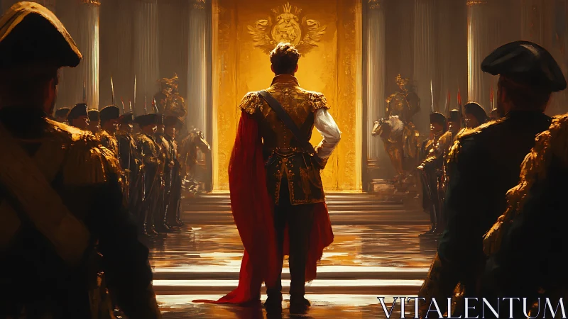 Imperial commander ascending gilded ceremonial hall of power.