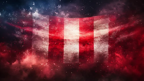 Peruvian flag dissolving in dramatic cosmic smoke storm.