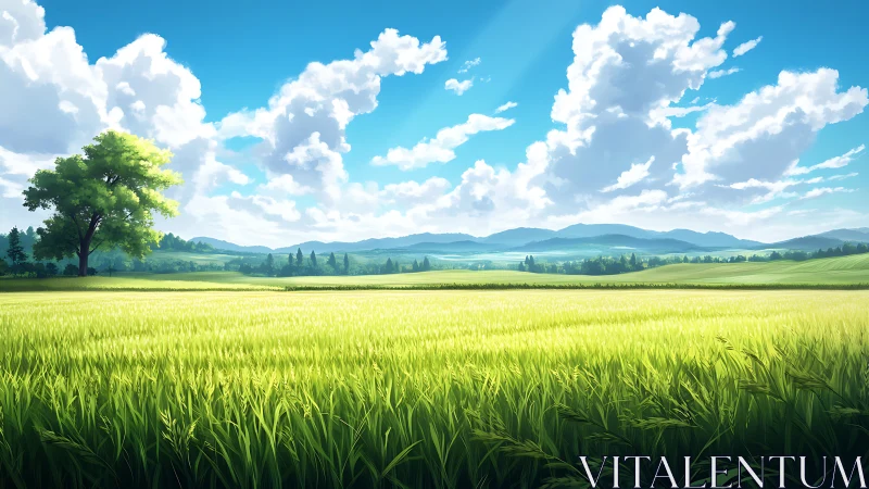 Wide cereal field under cumulus clouds and distant hills.