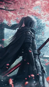 Silent warrior beneath drifting cherry blossom petals.