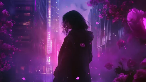 Solitary figure in neon city with drifting pink petals.