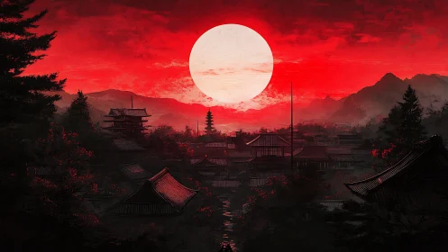 Blood-red sun dominates misty traditional Japanese town