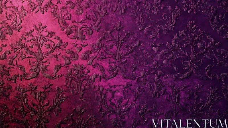 Deep magenta damask wallpaper with embossed floral pattern.