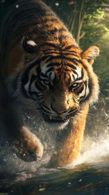 Stalking tiger surging through sunlit river shallows.