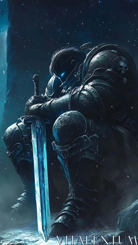 Armored warrior rests with glowing blue sword in darkness